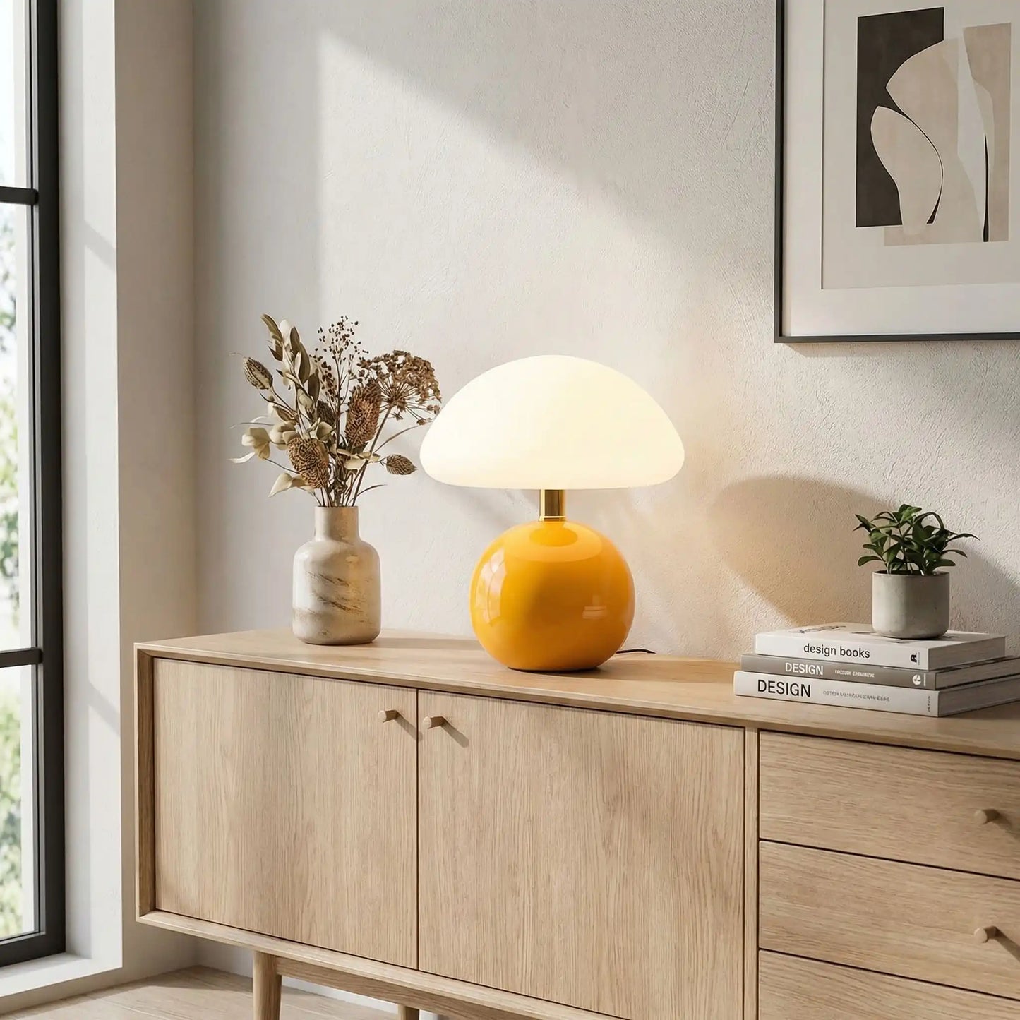 buffet bois livres plantes bouquet lumiere lampe de chevet champignon