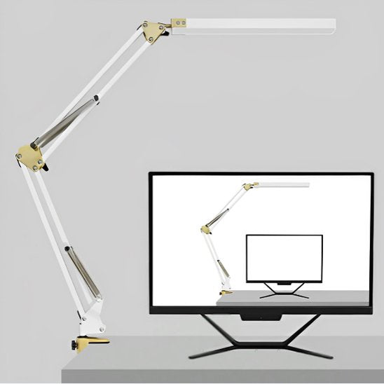 espace travail ordinateur lampe de bureau design couleur blanc