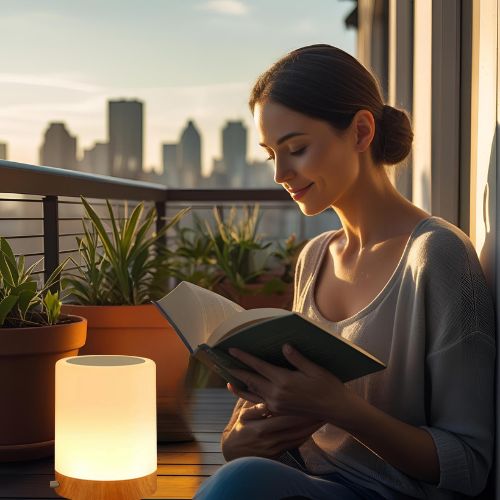 femme lecture balcon lampe de chevet sans fil