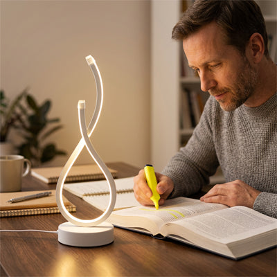 stabilite base circulaire homme surligne livre lampe de chevet blanc
