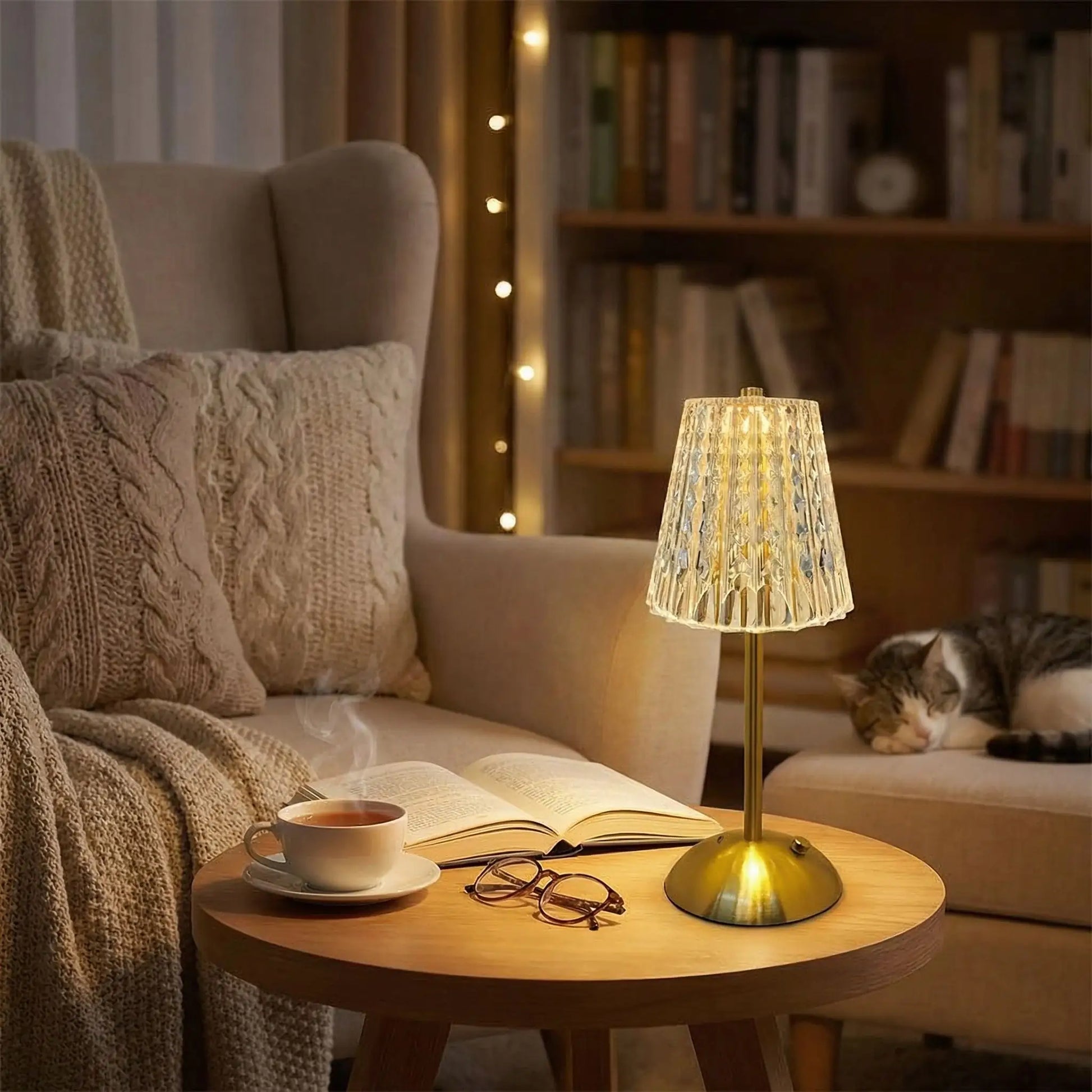 bibliotheque ambiance chaleureux livre lampe haute a poser