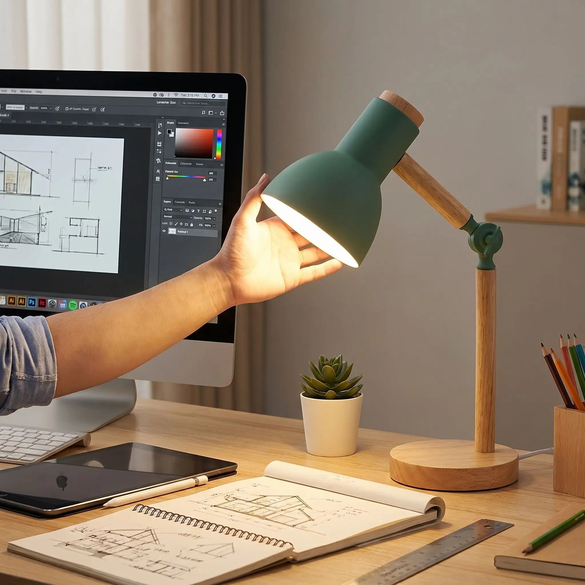 bras articule flexible tete orientale lampe de bureau verte 