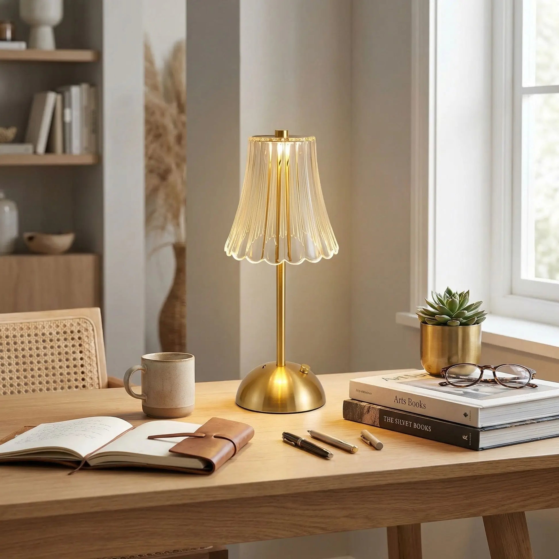 bureau bois clair eclaire lampe led a poser