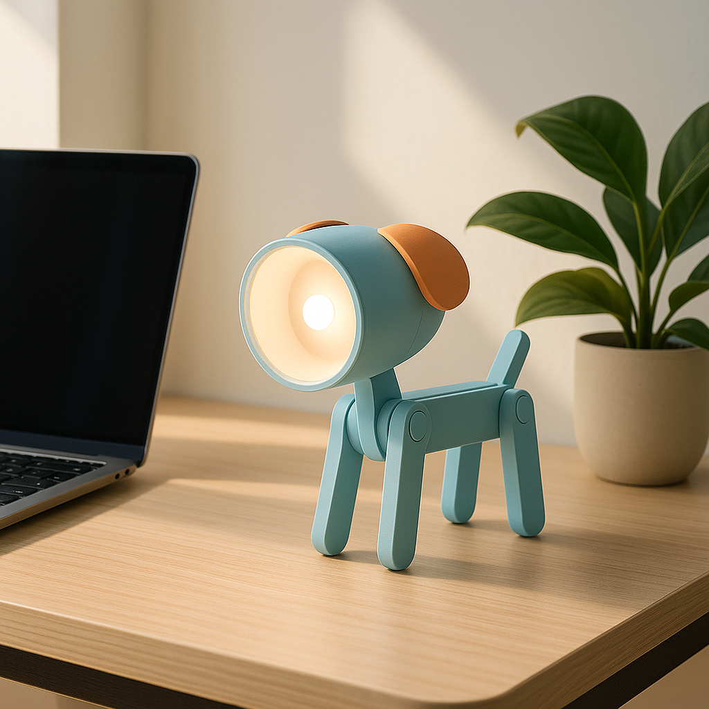 bureau bois clair plante ordinateur chien bleu lampe de bureau