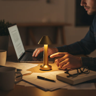 bureant enconbrant homme travail ordinateur lampe de chevet dore