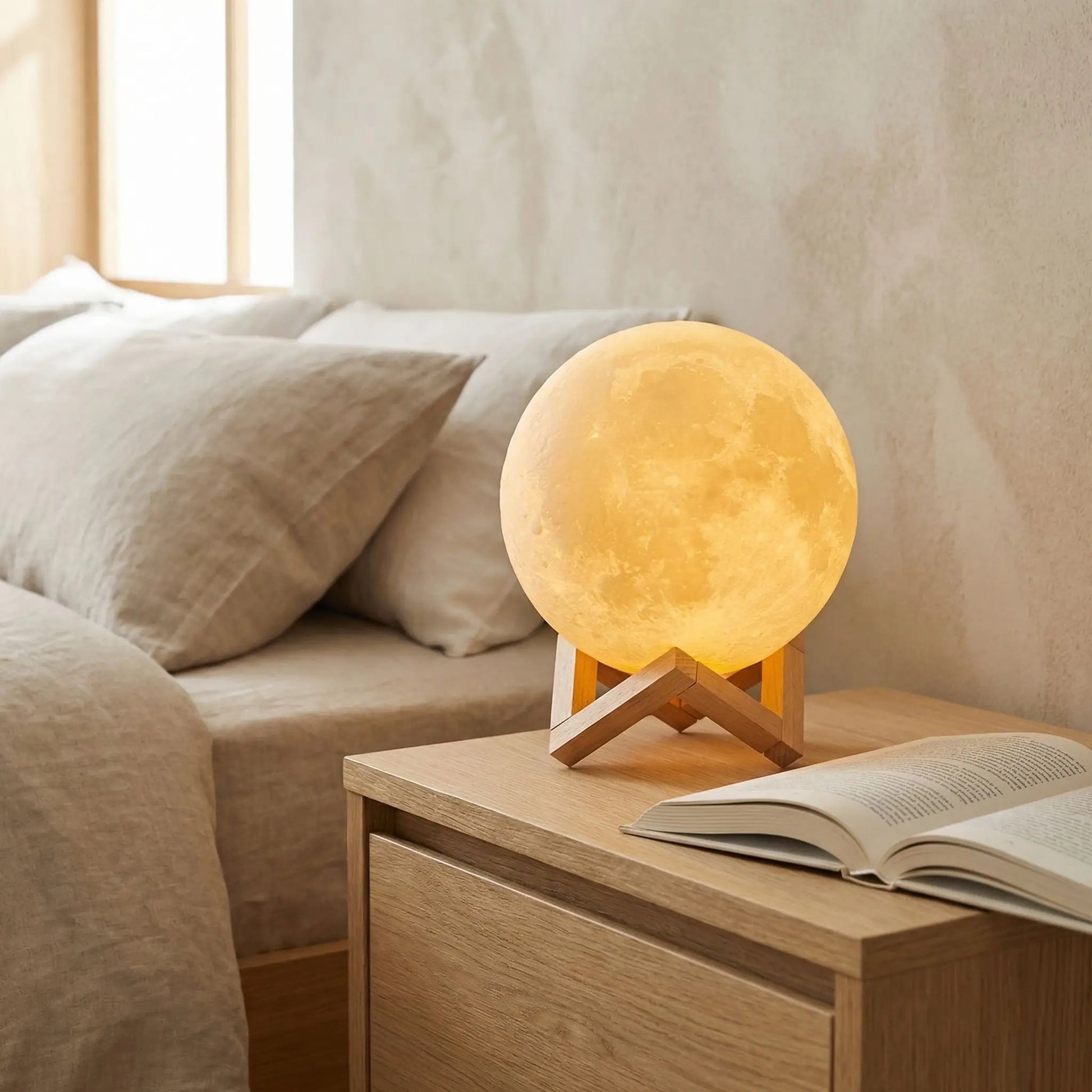 chambre livre ouvert lune orange lampe de chevet en bois