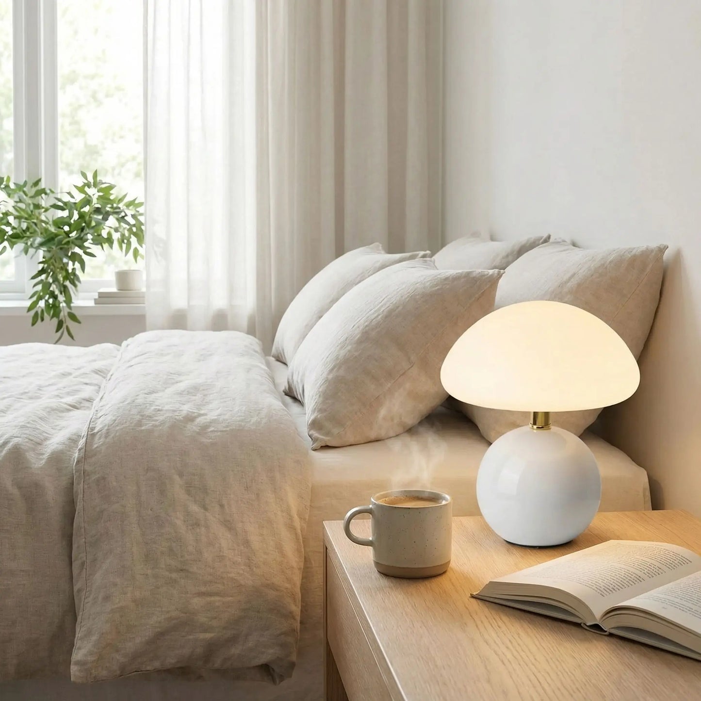 chambre lumiere douce livre ouvert tasse lampe de chevet champignon