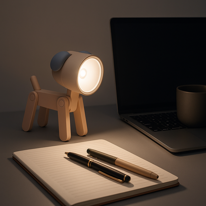 chien couleur rose ordinateur cahier stylos tasse lampe de bureau