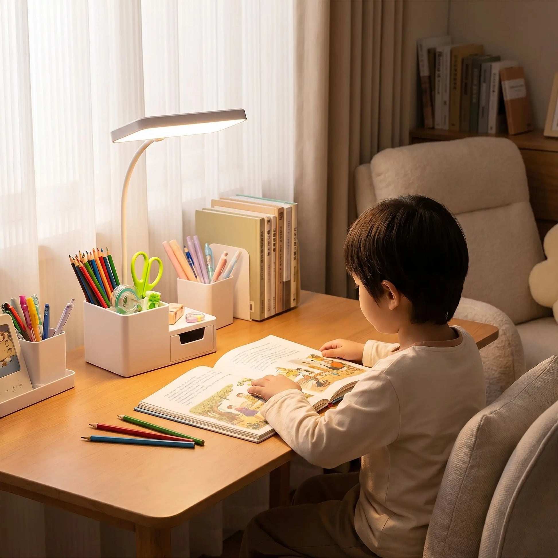 coin bureau petit bonhomme compartiment organisateur lampe bureau enfant blanc