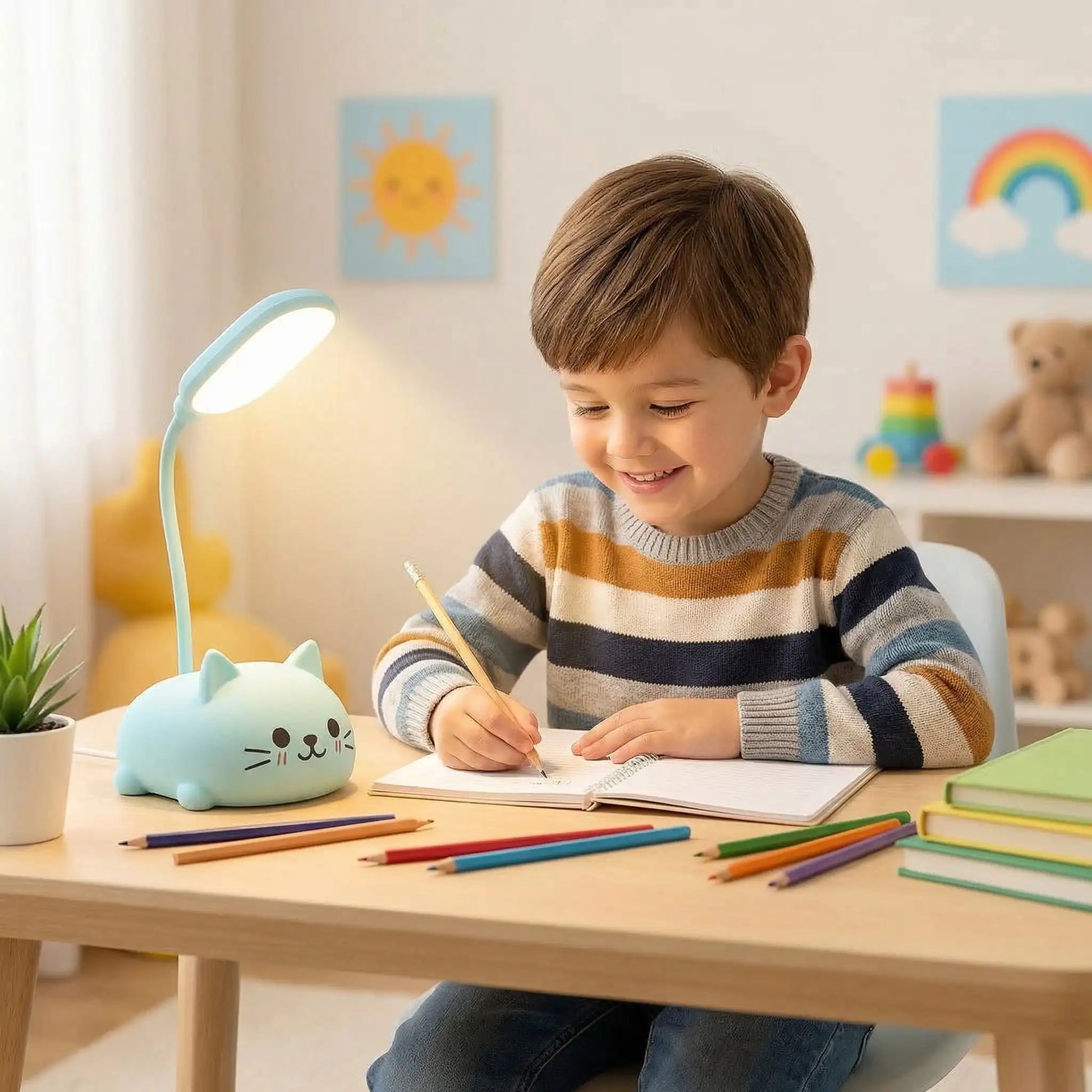 couleur bleu petit garcon souriant dessine lampe de bureau enfant