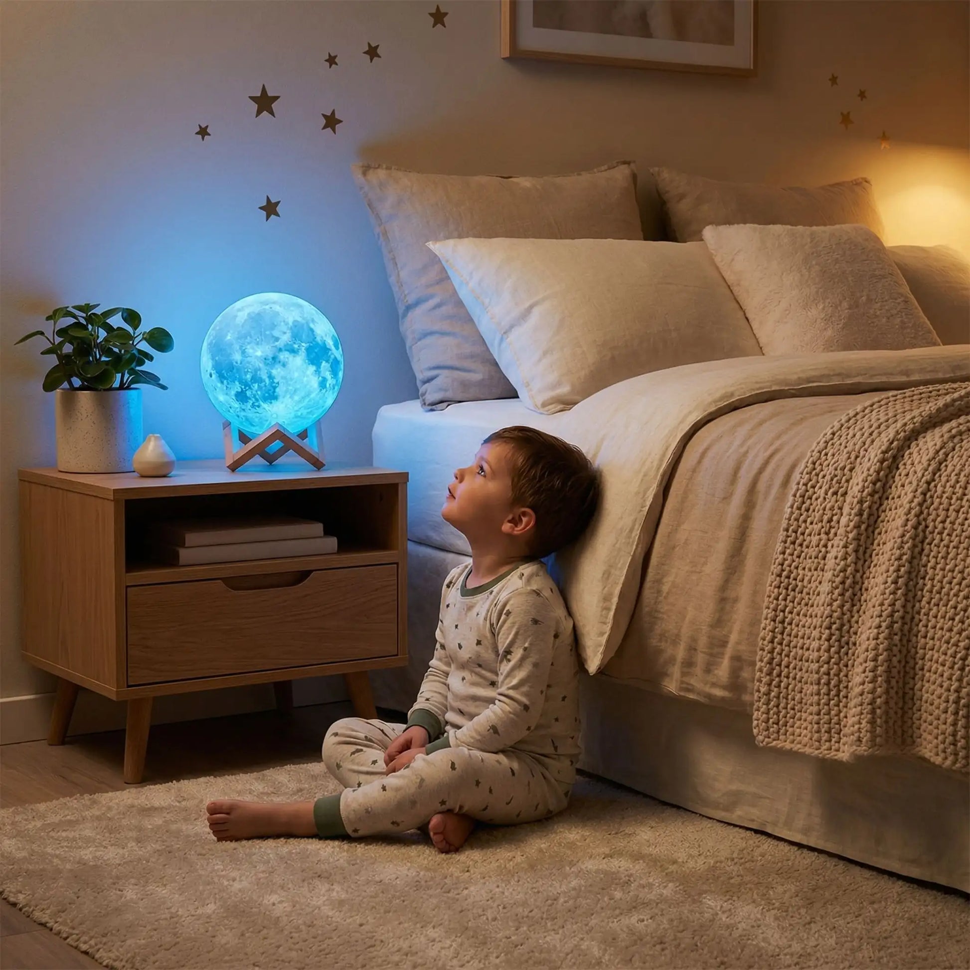 enfant attire magie lumiere lune lampe de chevet en bois