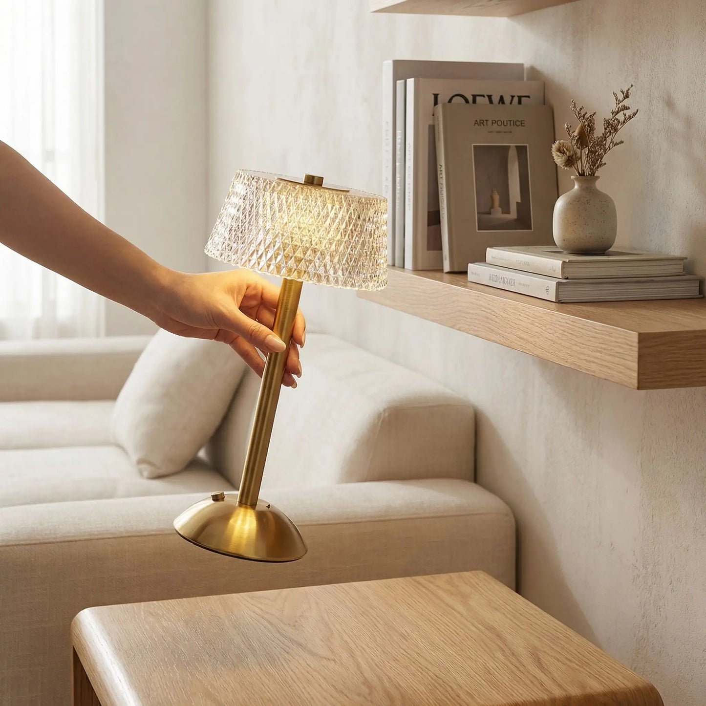 etagere livres main tient corps lampe table de chevet