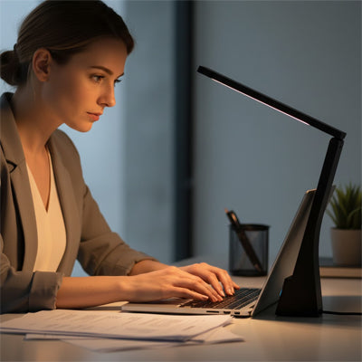 femme affaire tapote clavier concentree lampe de bureau sans fil
