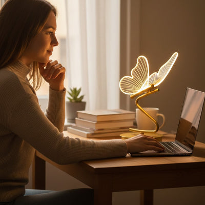 femme bureau concentree lumiere lampe a poser