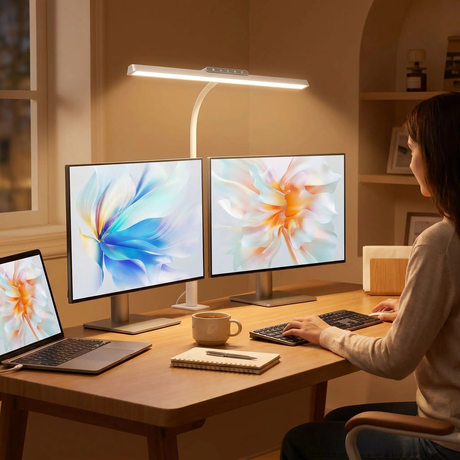 femme concentree lampe de bureau articulee lumiere douce trois ordinateurs