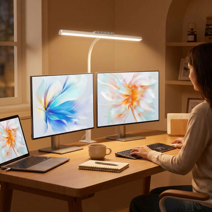 femme concentree lampe de bureau articulee lumiere douce trois ordinateurs