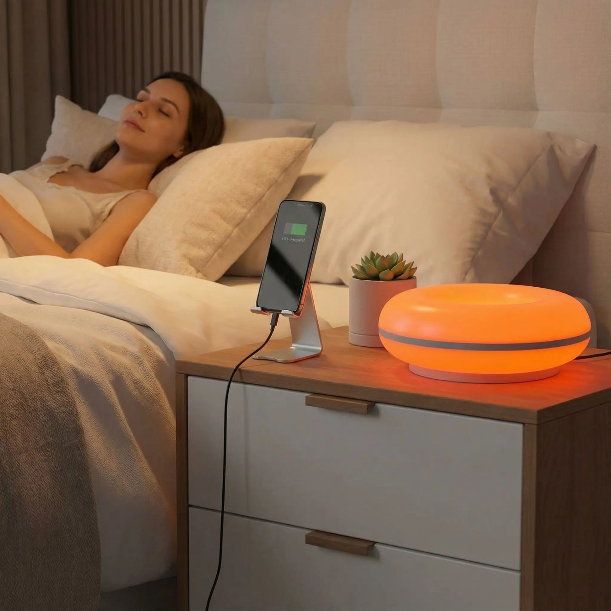 femme detend lit lampe de chevet tactile