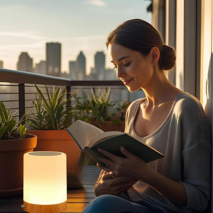 femme lecture balcon lampe de chevet sans fil