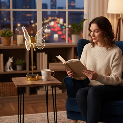 femme livre lumiere apaisante lampe a poser haute