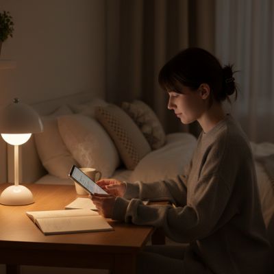 femme mains tablette concentree lampe a poser pour salon