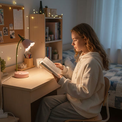 fille lecture livre espace travail lumineux lampe de bureau originale 
