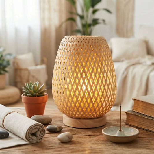 grain bambou decoration boheme lampe a poser en rotin