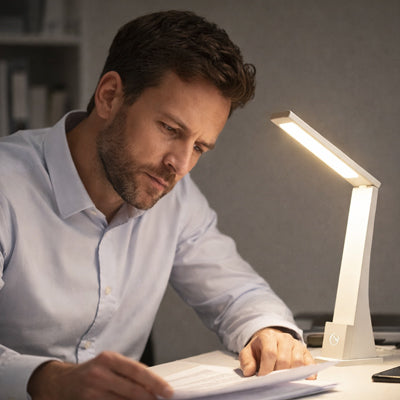 homme barbu chemise bleu ceoncentre lampe de bureau sans fil