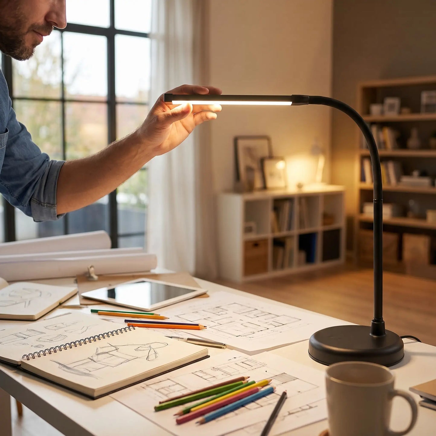 homme espace travail encombre papiers lumiere lampes de bureau led