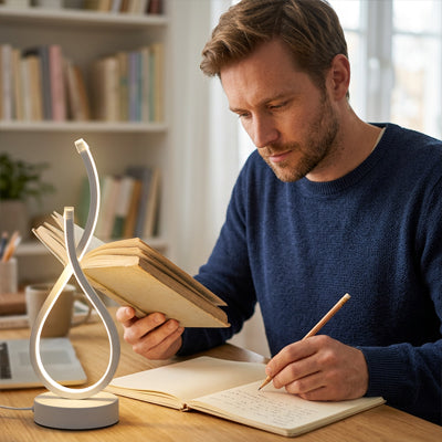 homme livre notes eclairage led chaud lampe de chevet blanc