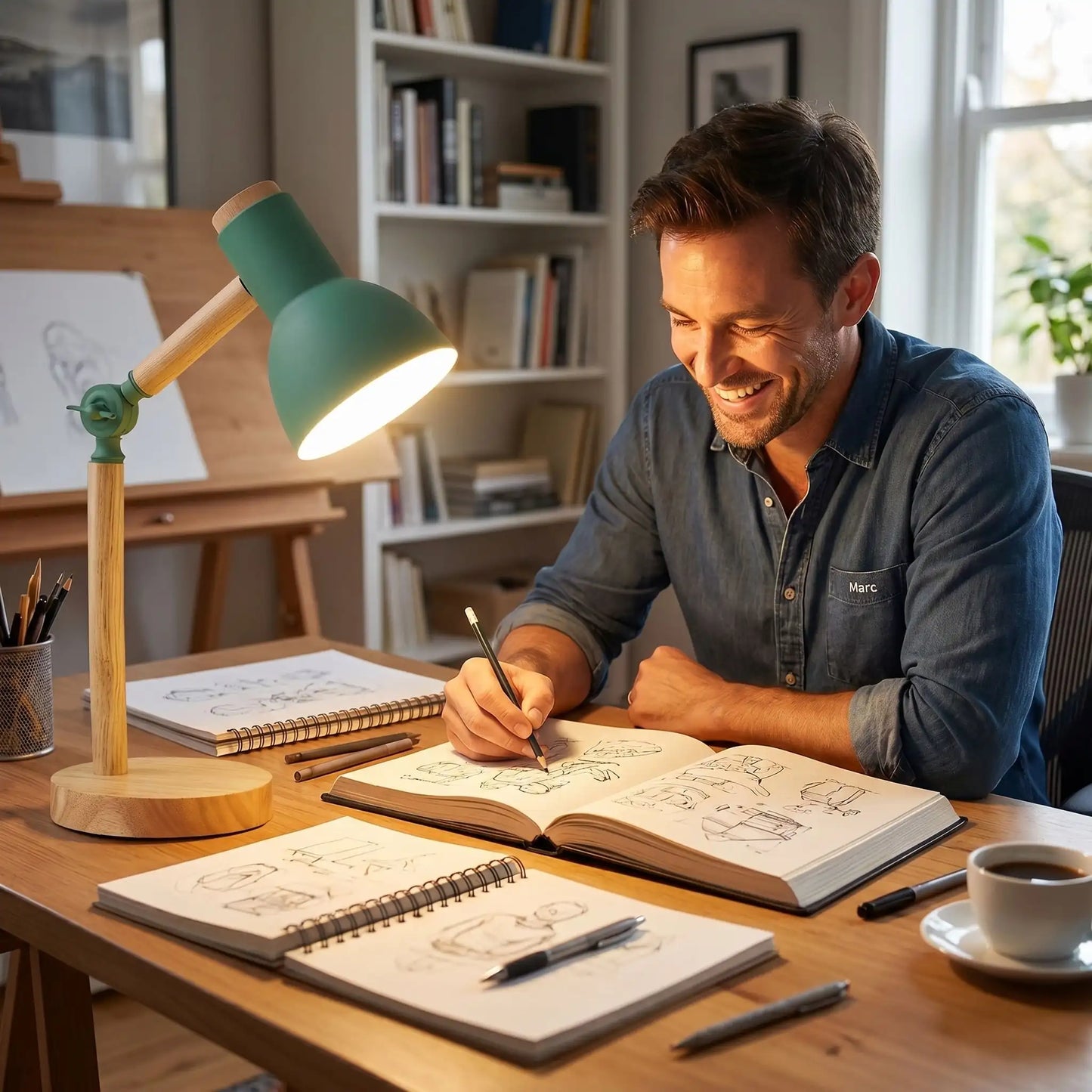 homme travaillant lumiere chaude lampe de bureau verte espace moderne