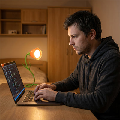 jeune homme focus ordinateur lumiere neutre lampe led de chevet