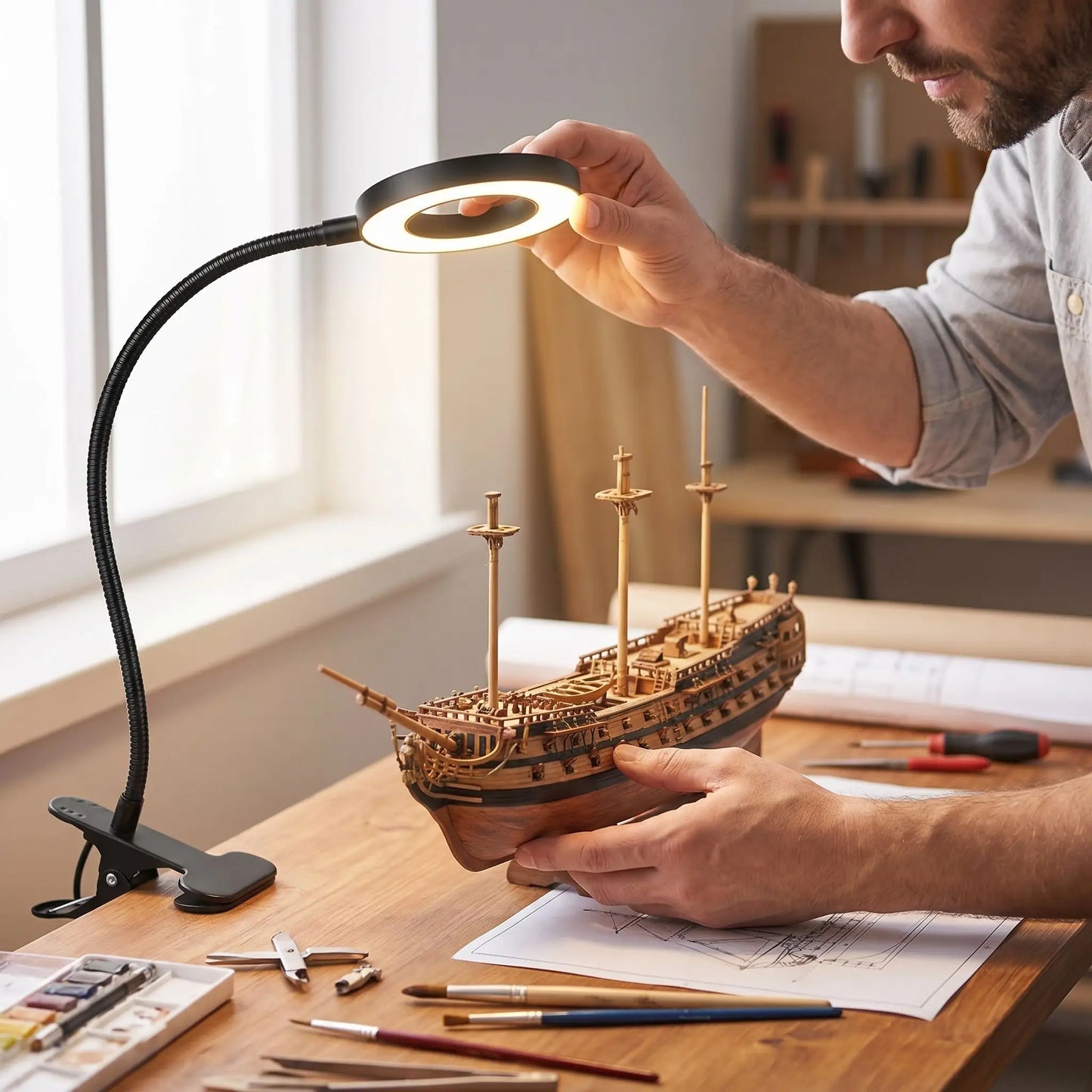 lampe de bureau a pincer anneau diffuse lumiere homme travail