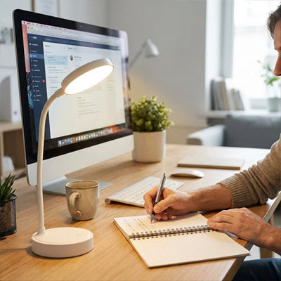 lampe de bureau blanche espace travail bien organise tasse ordinateur