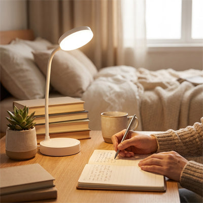 lampe de bureau blanche lumiere led reglable femme travail productive