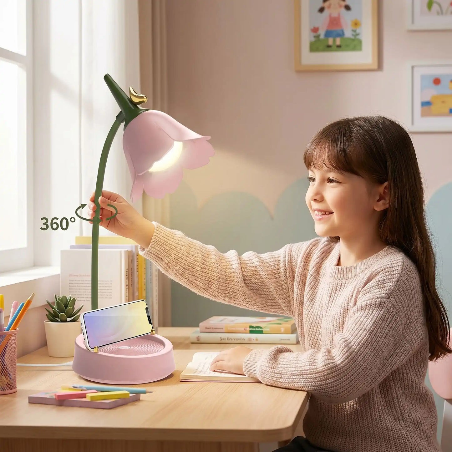 lampe de bureau fille fleur tulipe oiseau dore lumiere uniforme
