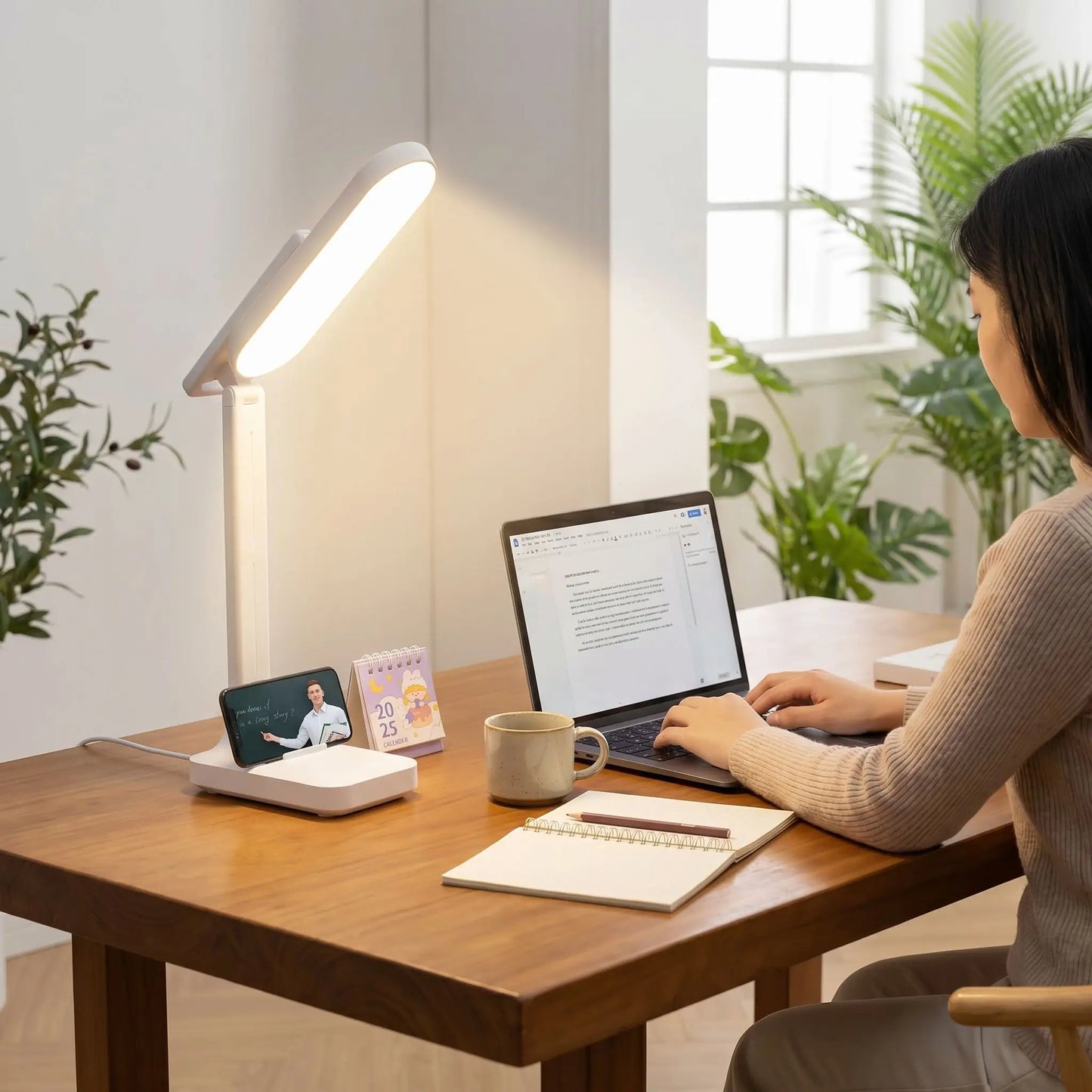 lampe de bureau originale batterie rechargeable femme concentree travail ordinateur