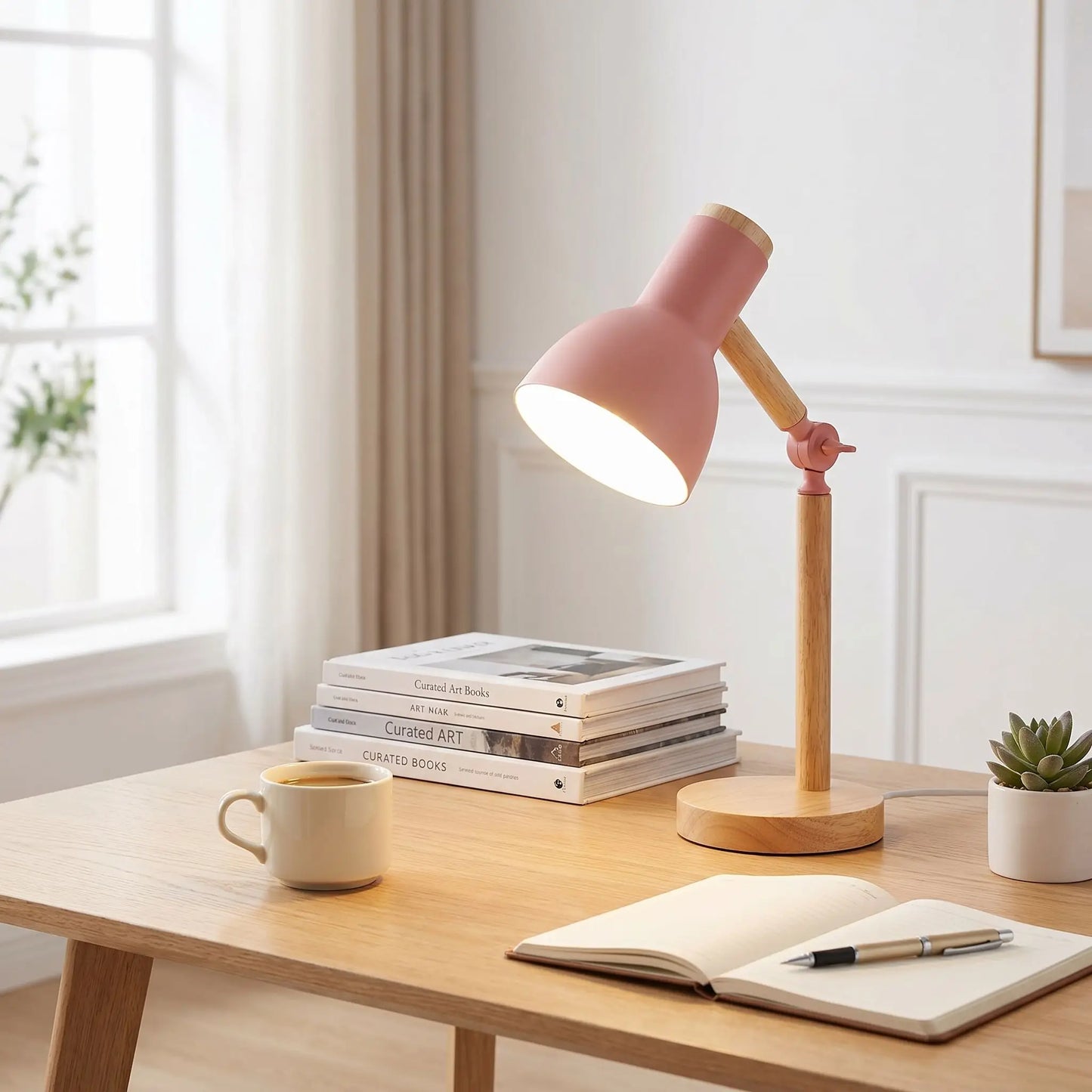 lampe de bureau rose posee table bois livres tasse plante