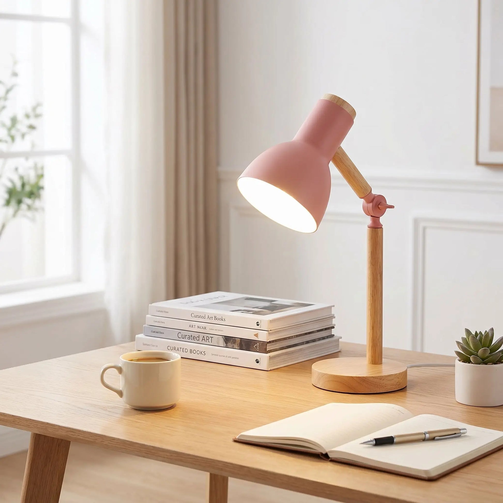 lampe de bureau rose posee table bois livres tasse plante