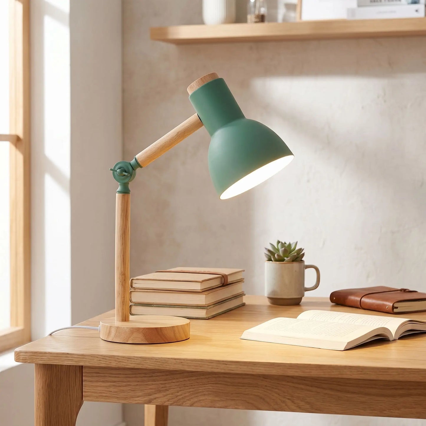 lampe de bureau verte allumee bureau bien organise lumiere douce