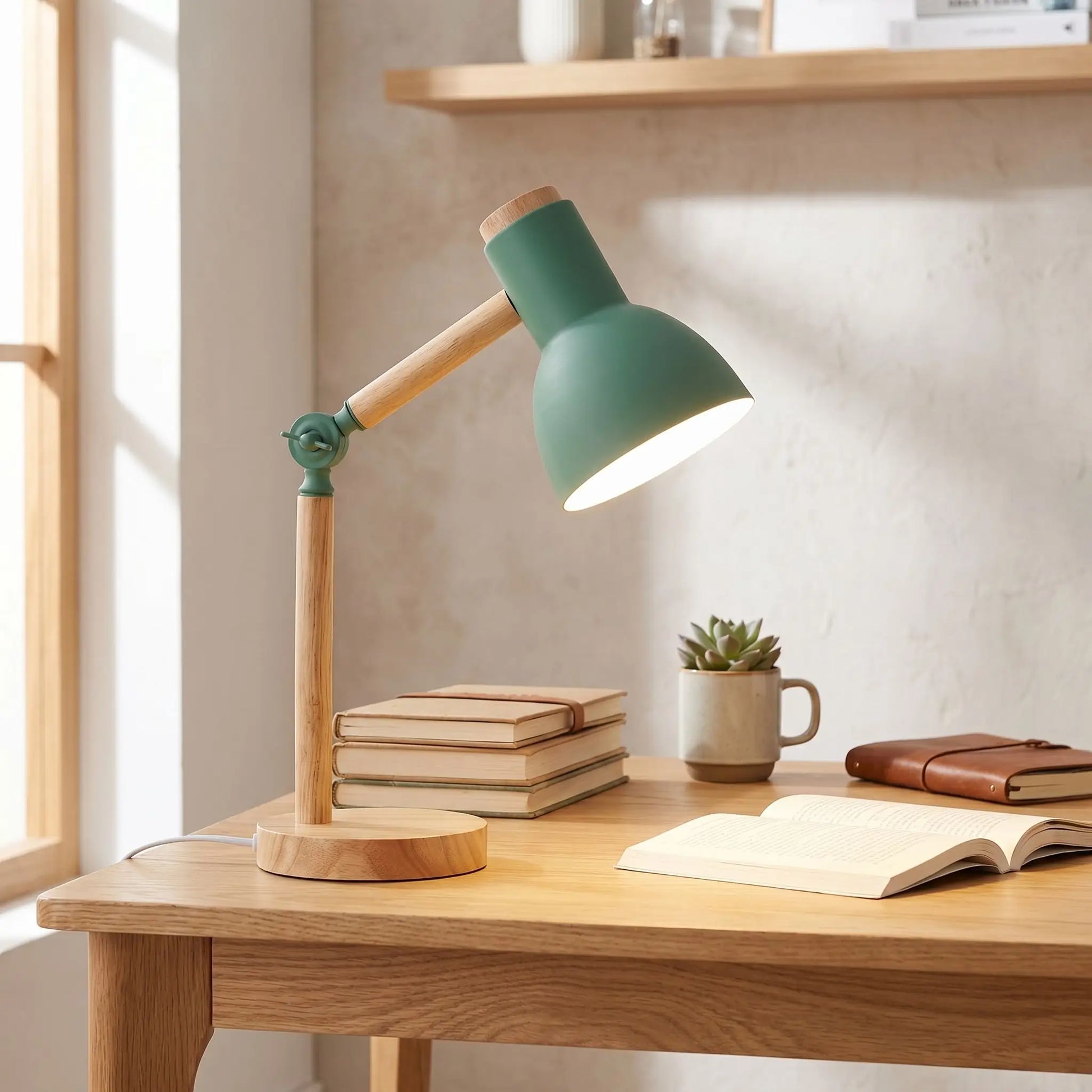 lampe de bureau verte allumee bureau bien organise lumiere douce