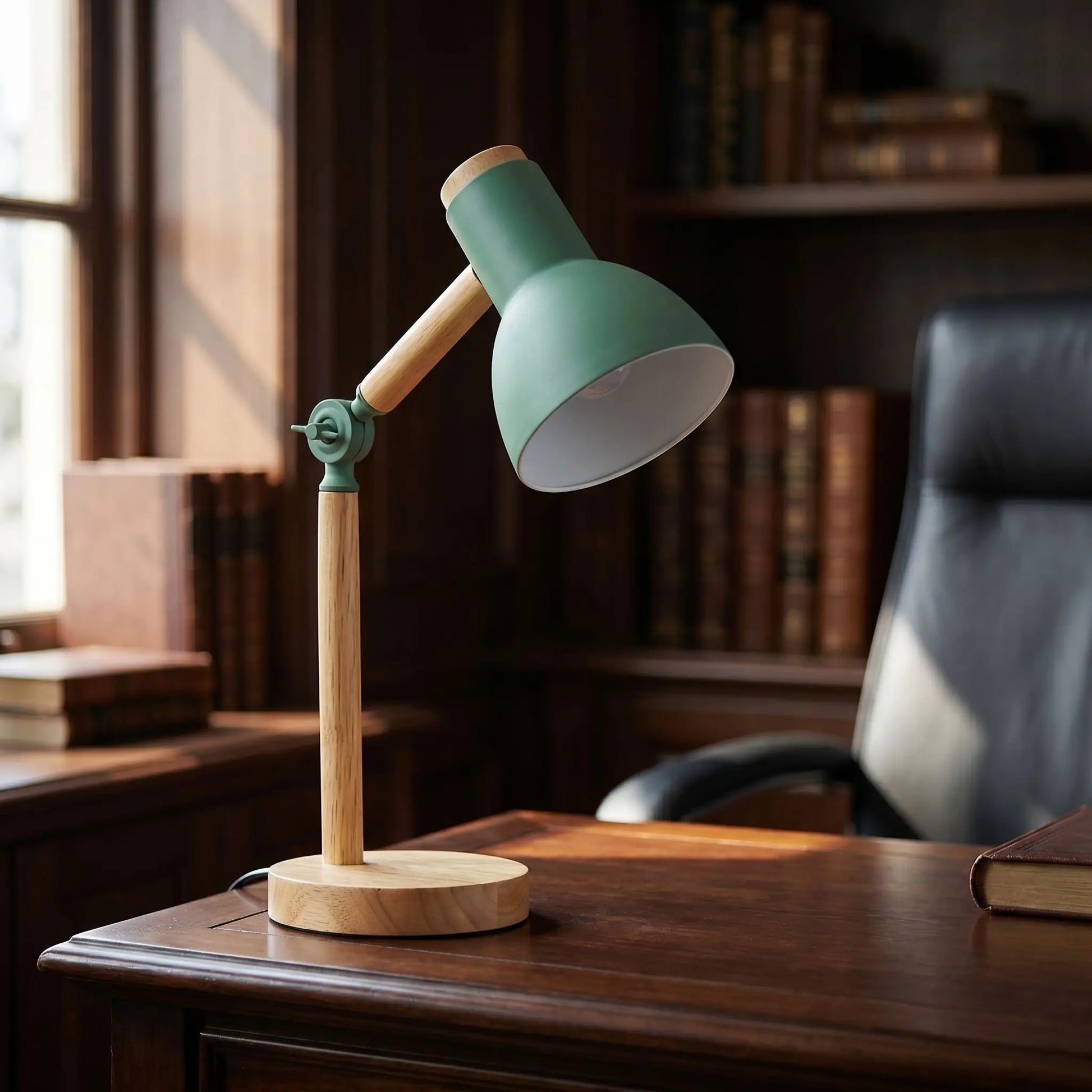 lampe de bureau verte posee eteint manque ampoule bureau sombre