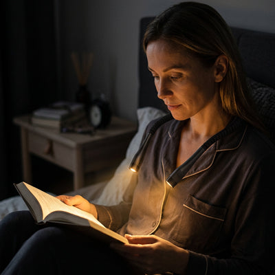 lampe de lecture cou batterie rechargeable femme lit livre mains