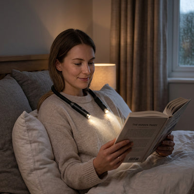 lampe de lecture de cou lumiere directionnel livre femme heureuse