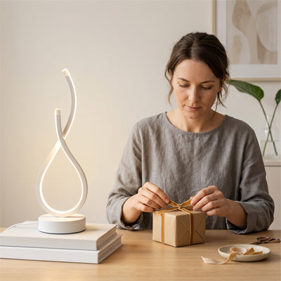 lampe led spirale femme prepare cadeau lampe de chevet blanc