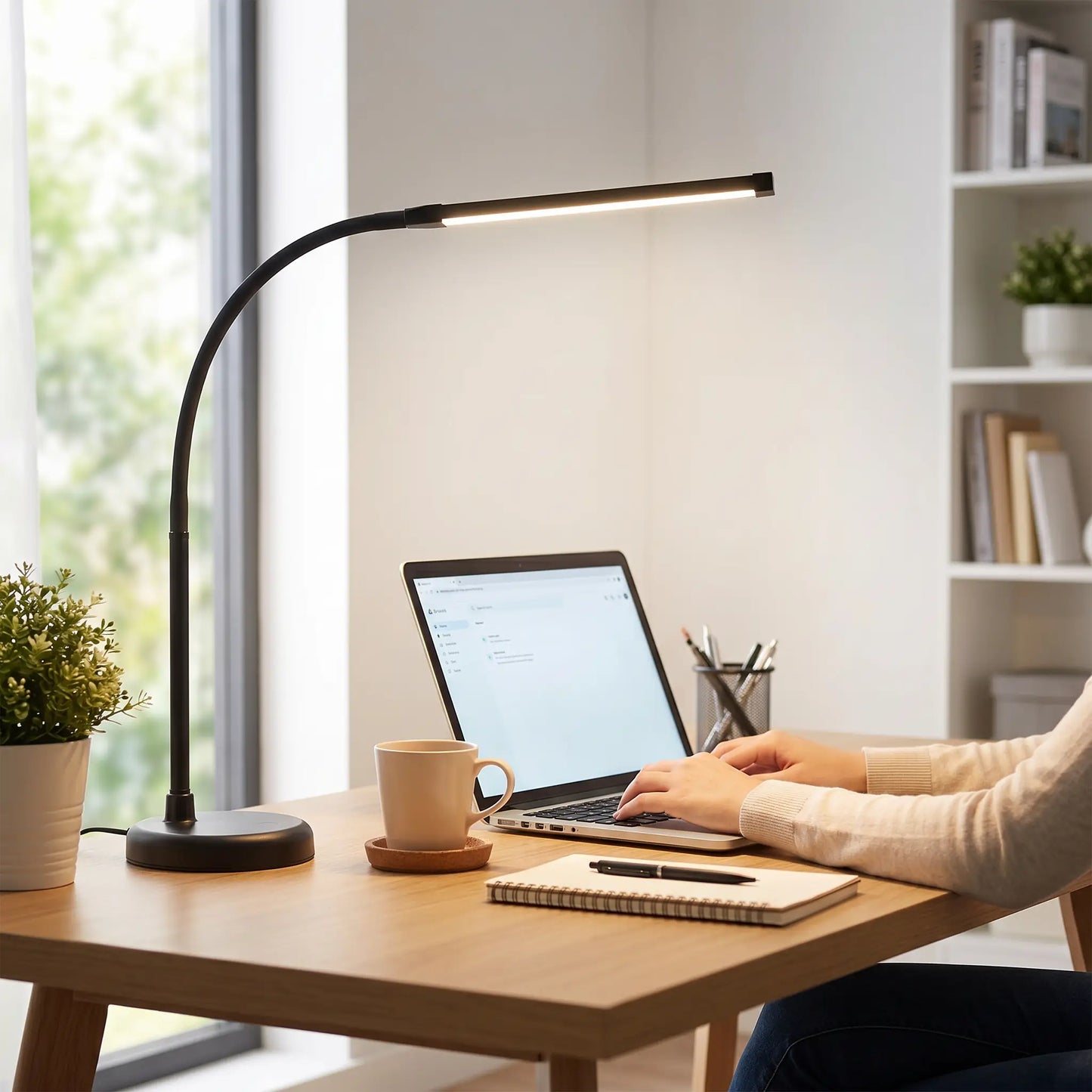 lampes de bureau led espace moderne ordinateur femme tapote clavier