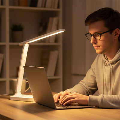 lampes de bureau pliable en polymere homme lunettes attentionne ordinateur