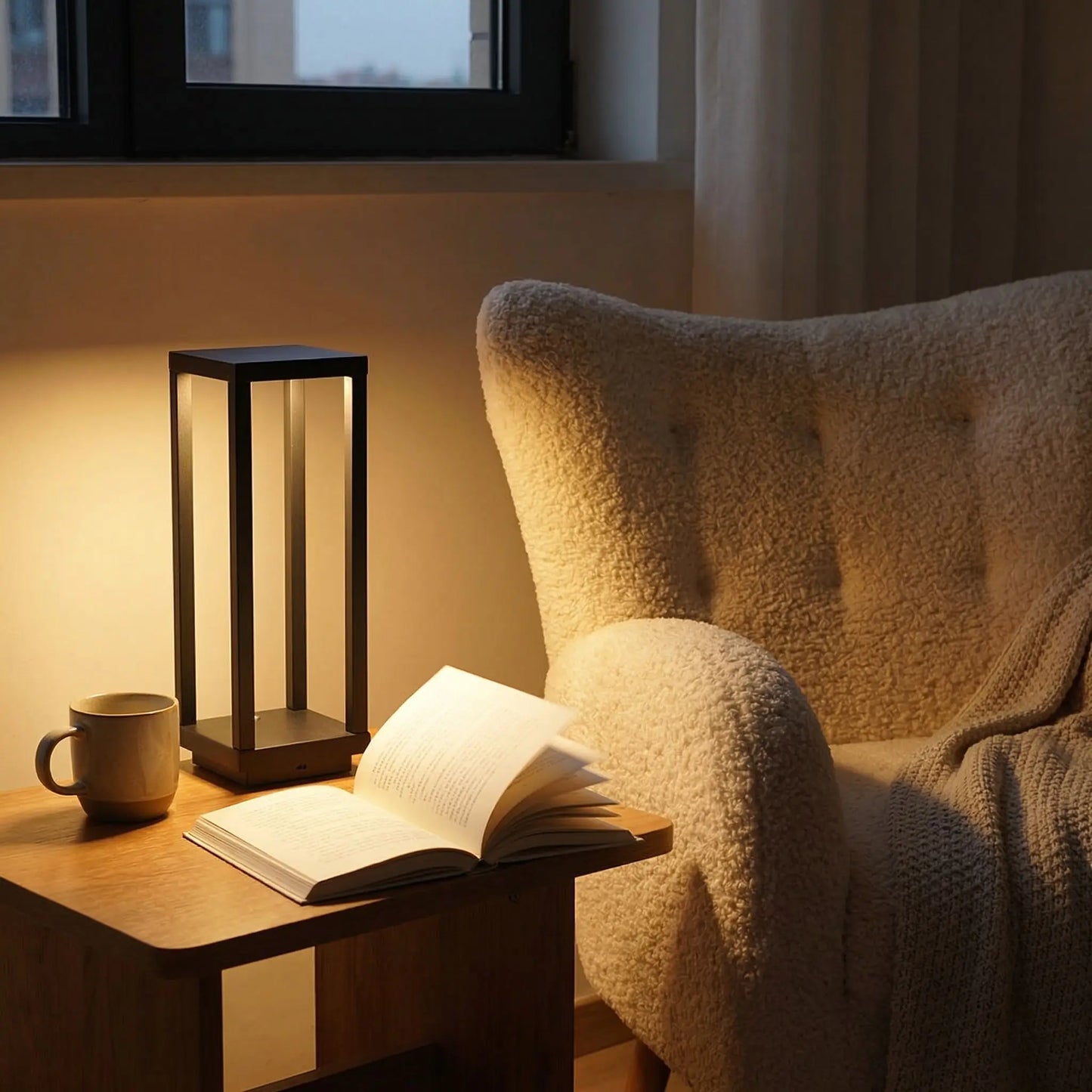 livre ouvert fauteuil confortable ambiance apaisante lampe a poser noire