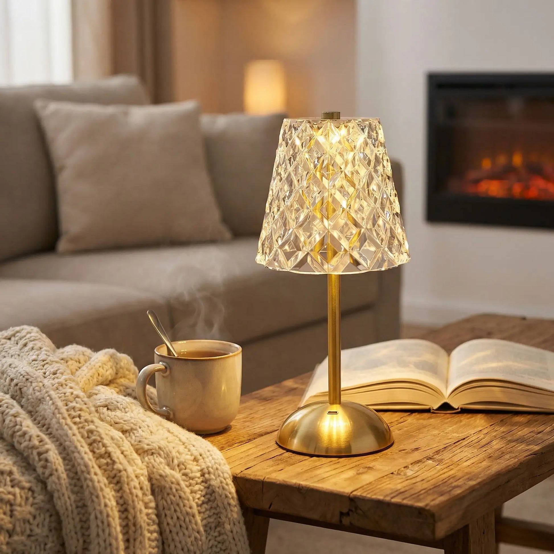 livre ouvert tasse plaid salon lumiere lampe a poser indus