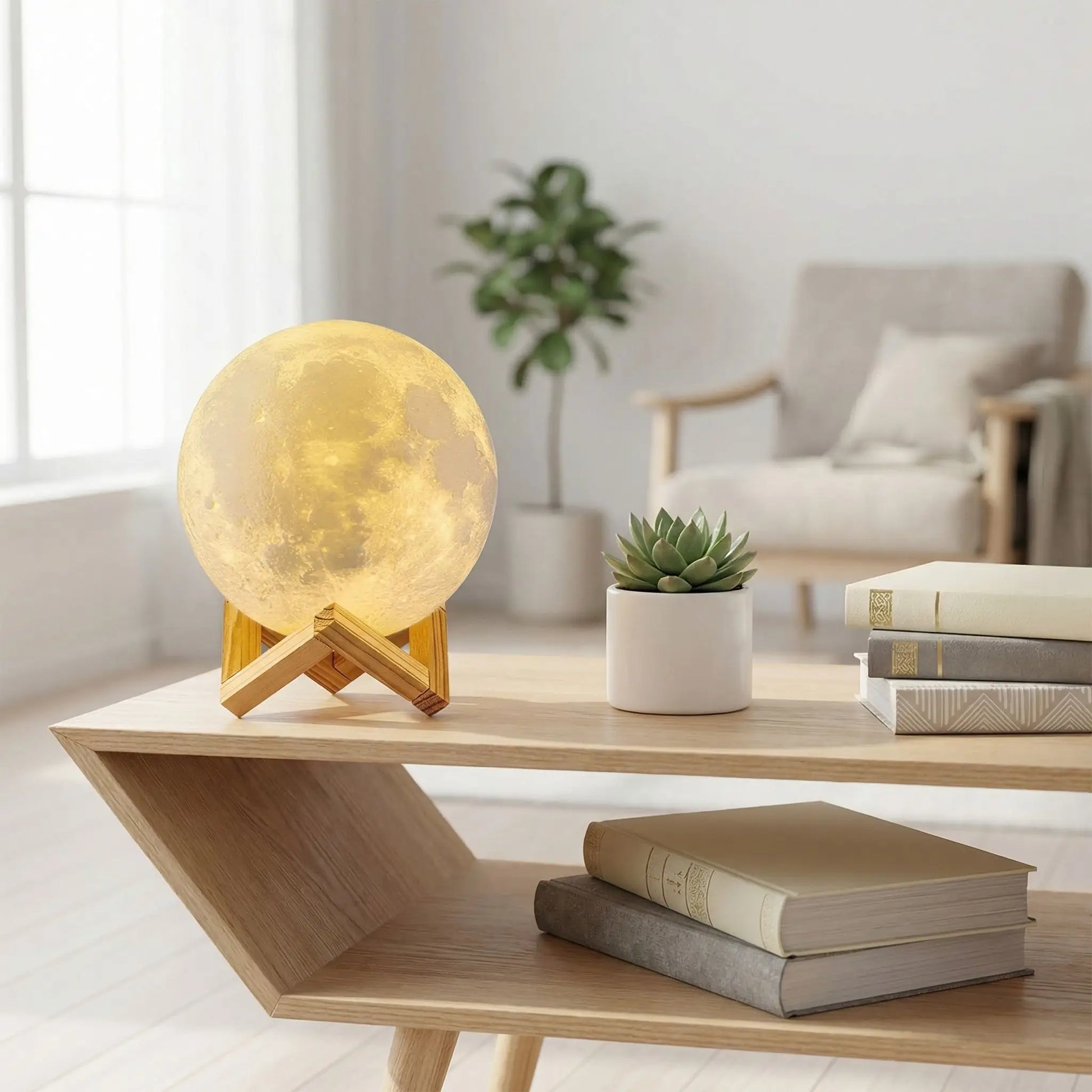 livres etageres salon lune jaune lampe de chevet en bois