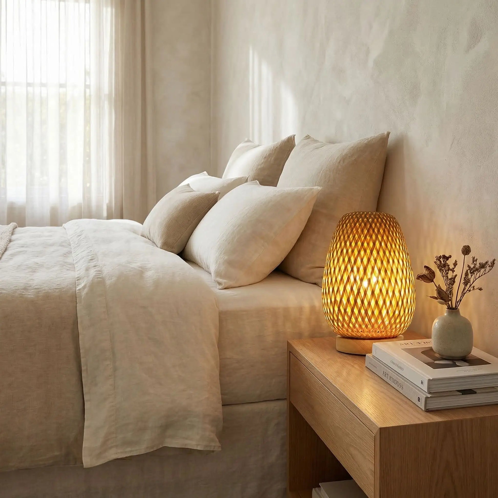 lumiere tamisee table chevet livres lampe a poser en rotin